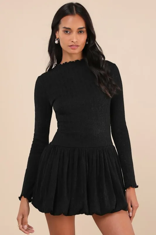 Approachably Adorable Black Ribbed Bubble-Hem Mini Dress sold by Lulus