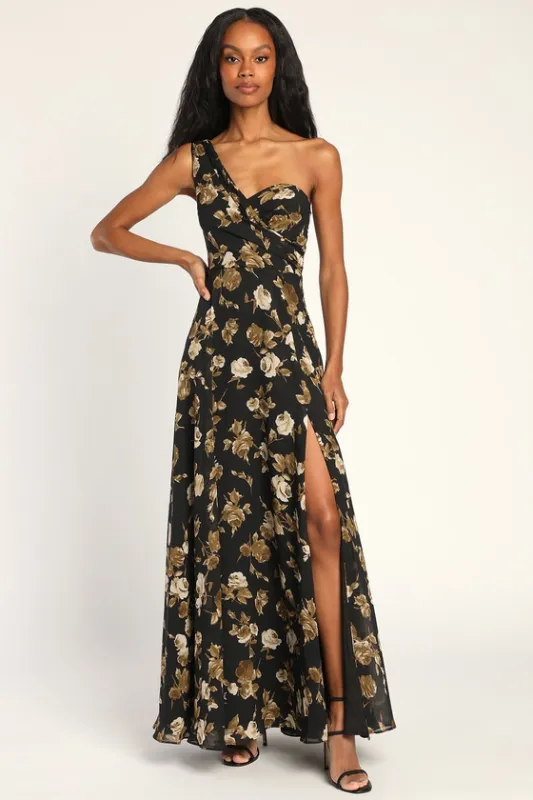 Fashionably Refined Black Floral Print One-Shoulder Maxi Dress sold by Lulus