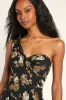 Fashionably Refined Black Floral Print One-Shoulder Maxi Dress sold by Lulus