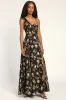 Fashionably Refined Black Floral Print One-Shoulder Maxi Dress sold by Lulus