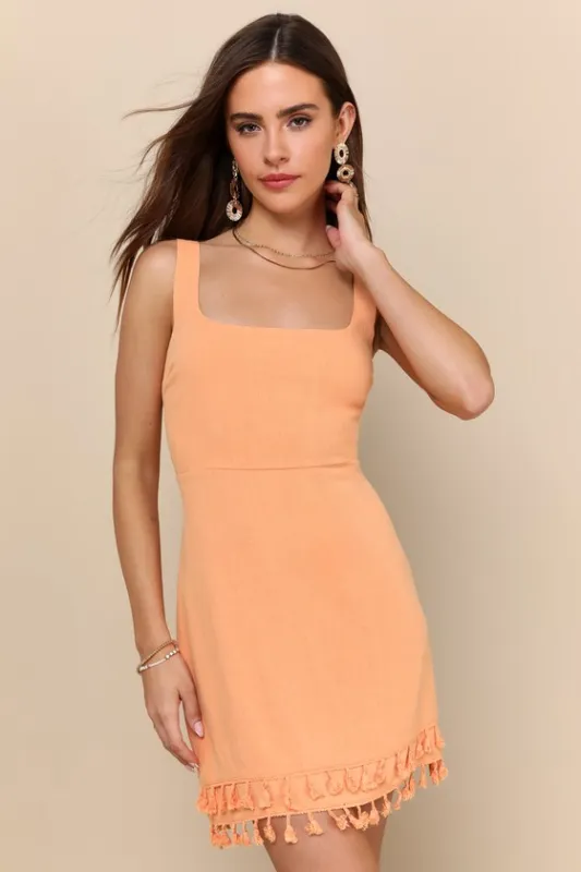 Feel the Sunshine Washed Orange Tassel Mini Dress sold by Lulus