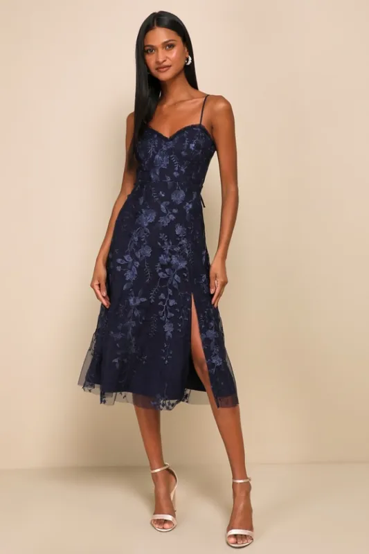 Charmingly Sophisticated Navy Blue Tulle Embroidered Midi Dress sold by Lulus