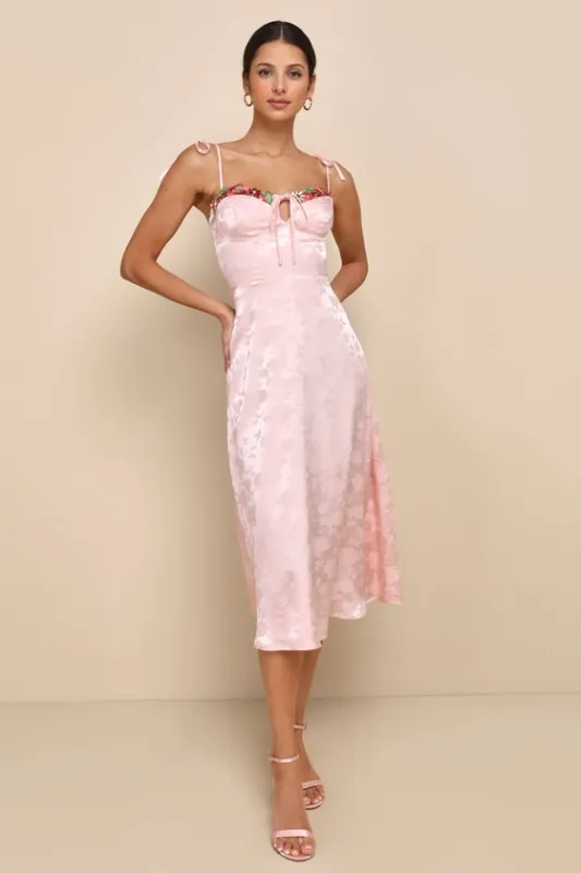 Ethereal Muse Light Pink Satin Jacquard Embroidered Midi Dress sold by Lulus