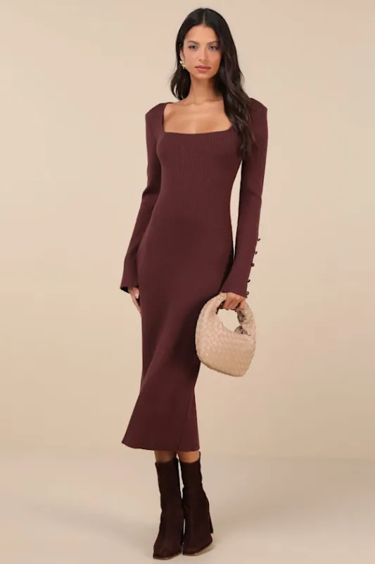 Classy Attitude Brown Ribbed Square Neck Midi Sweater Dress sold by Lulus