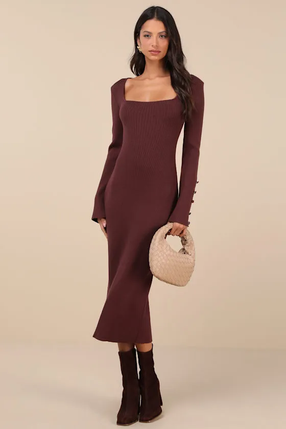 Classy Attitude Brown Ribbed Square Neck Midi Sweater Dress sold by Lulus