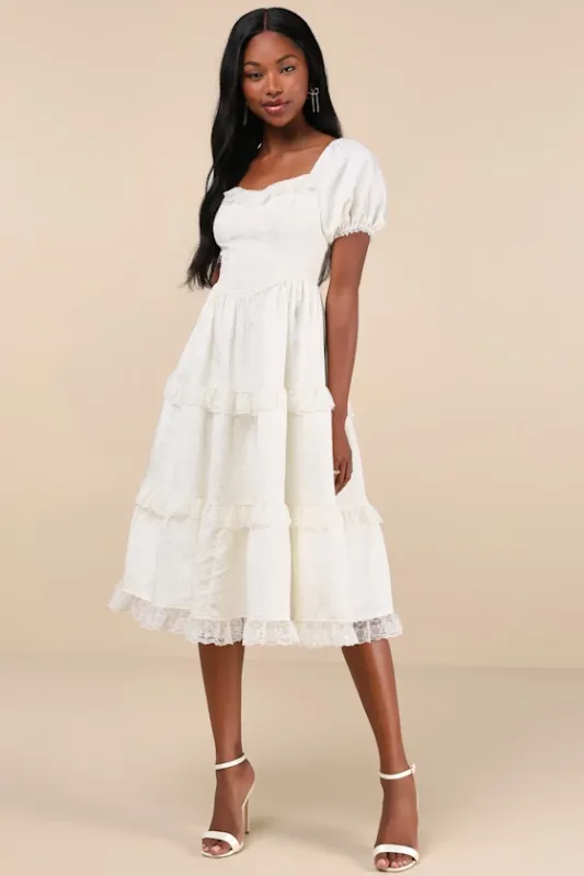Gorgeously Romantic Ivory Lace Puff Sleeve Tiered Midi Dress sold by Lulus