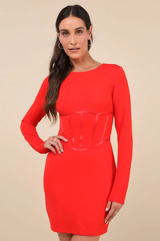 Confident Queen Red Long Sleeve Corset Bodycon Mini Dress sold by Lulus