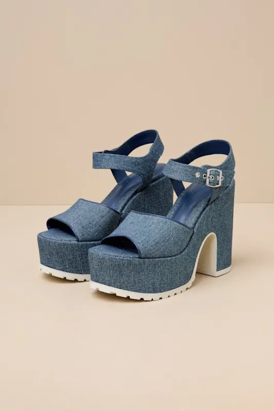 Jordina Blue Jean Denim Platform Ankle Strap Sandals sold by Lulus