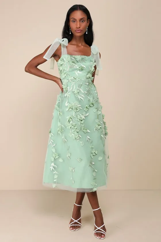 Effortlessly Sweet Sage Tulle 3D Floral Tie-Strap Midi Dress sold by Lulus