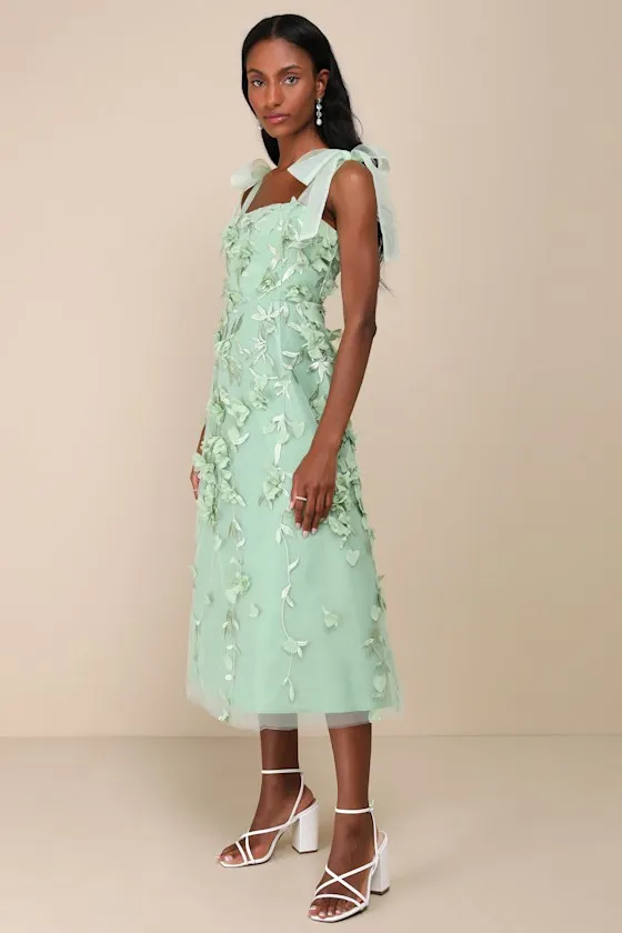 Effortlessly Sweet Sage Tulle 3D Floral Tie-Strap Midi Dress sold by Lulus product image thumbnail 2