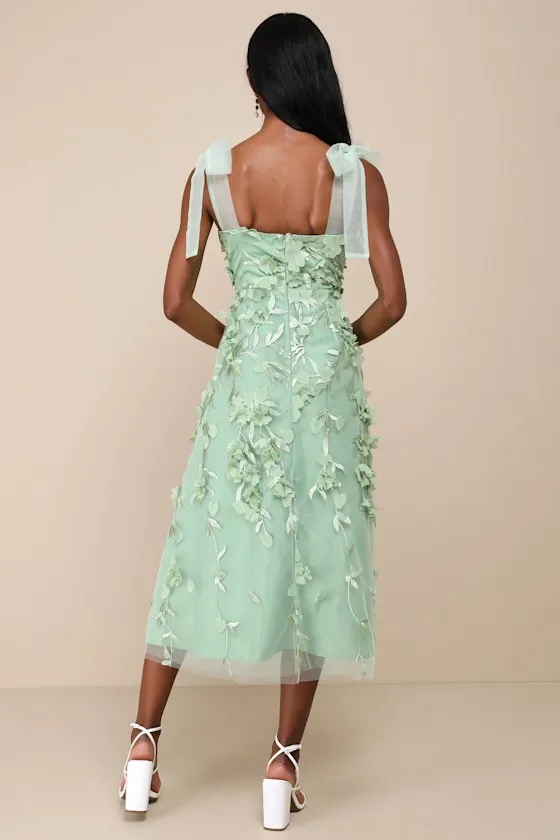 Effortlessly Sweet Sage Tulle 3D Floral Tie-Strap Midi Dress sold by Lulus product image thumbnail 3
