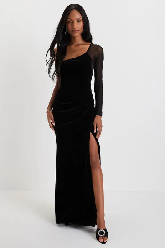 Lavish Style Black Velvet Mesh One-Shoulder Maxi Dress sold by Lulus
