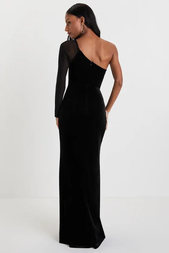 Lavish Style Black Velvet Mesh One-Shoulder Maxi Dress sold by Lulus product image thumbnail 2