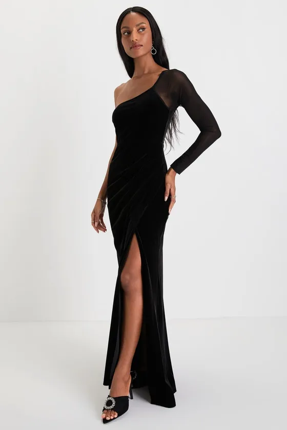 Lavish Style Black Velvet Mesh One-Shoulder Maxi Dress sold by Lulus product image thumbnail 3