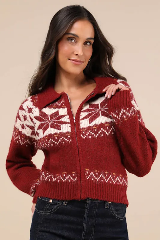 Snowy Snuggles Red Fair Isle Zip-Front Cardigan Sweater sold by Lulus