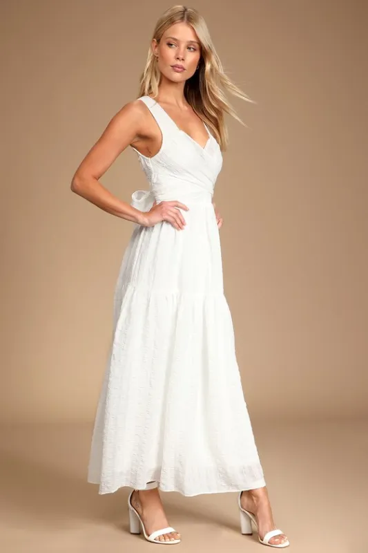 What a Trend White Tie-Back Tiered Midi Dress sold by Lulus
