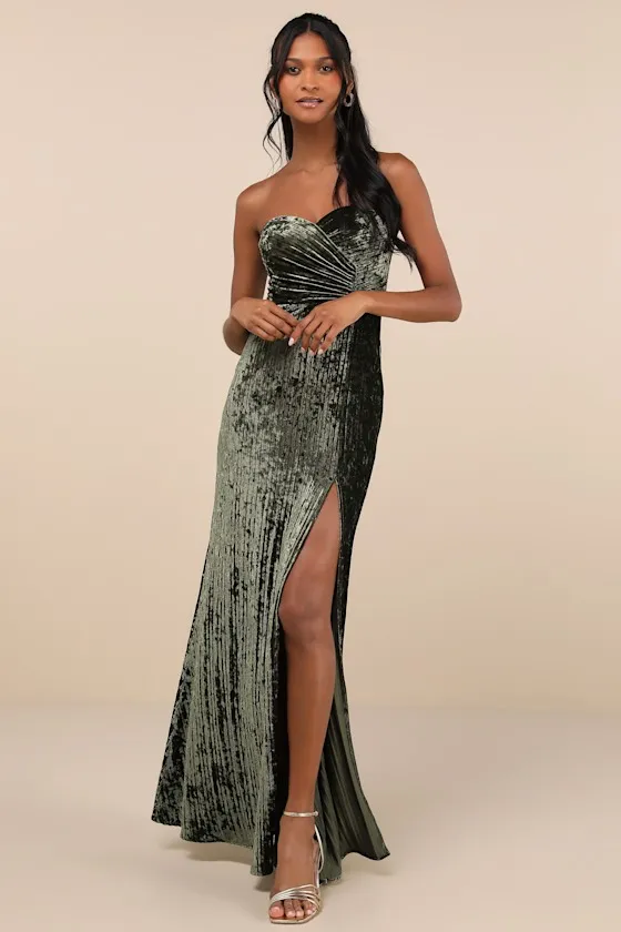 Classy Sensation Olive Velvet Pleated Strapless Maxi Dress sold by Lulus