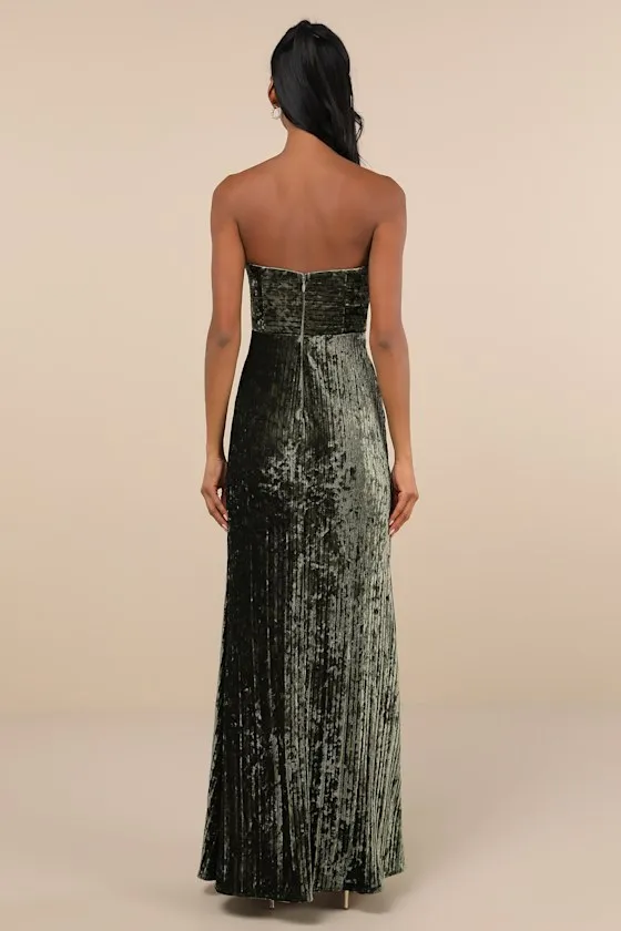 Classy Sensation Olive Velvet Pleated Strapless Maxi Dress sold by Lulus product image thumbnail 2