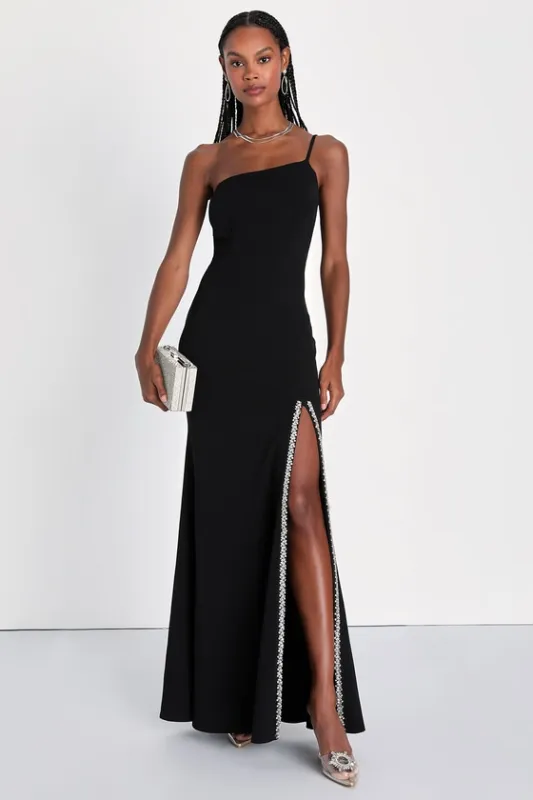 Absolutely Sensational Black Rhinestone One-Shoulder Maxi Dress sold by Lulus