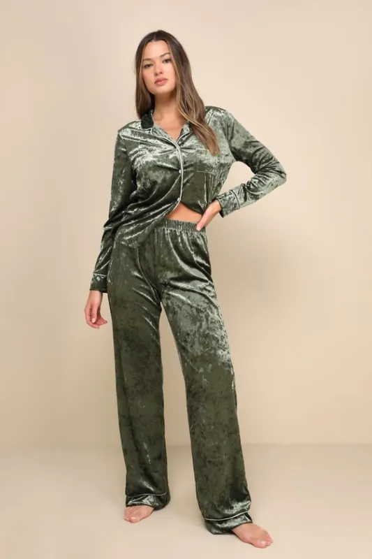 Blissful Slumber Olive Green Crushed Velvet Two-Piece Pajama Set sold by Lulus