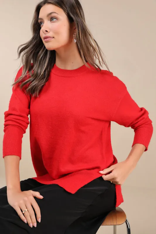 Autumn Allure Red Crew Neck Oversized Pullover Sweater sold by Lulus