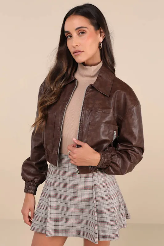Iconic Travels Brown Vegan Leather Cropped Bomber Jacket sold by Lulus
