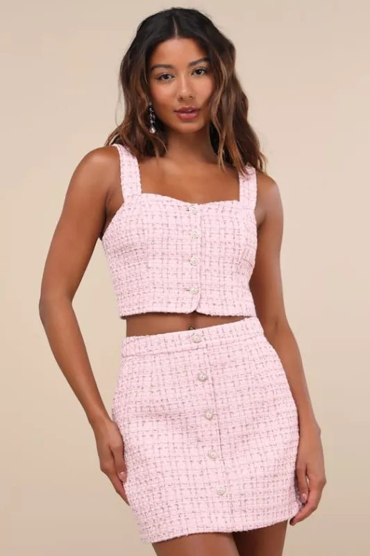 Charmed Perfection Light Pink Tweed Sequin Pearl Mini Skirt sold by Lulus