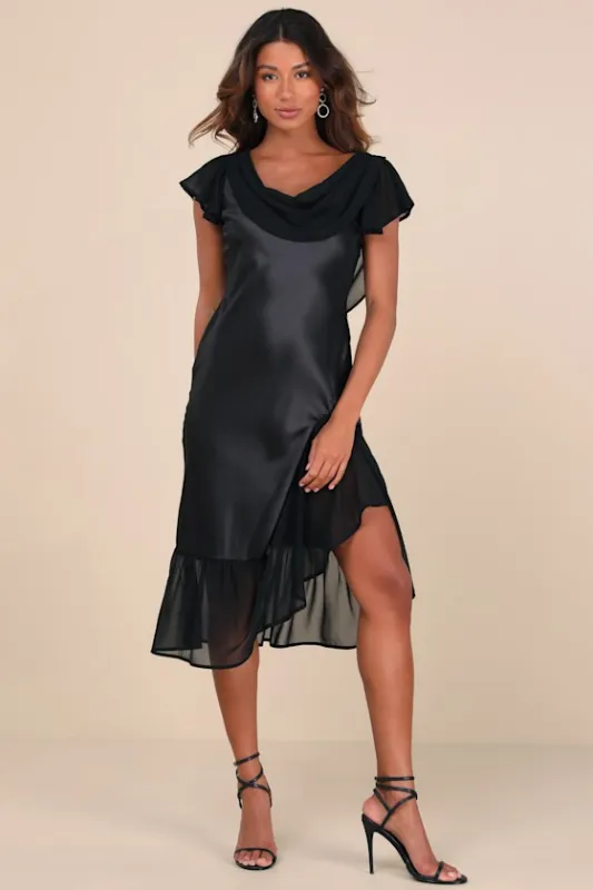 Prepared to Impress Black Satin Flutter Sleeve Midi Dress sold by Lulus