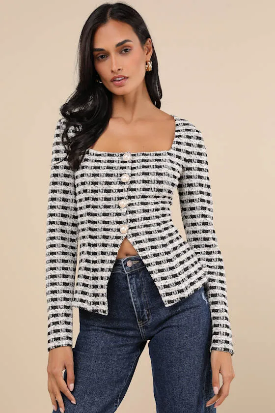 Curated Look Black and Ivory Plaid Long Sleeve Top sold by Lulus