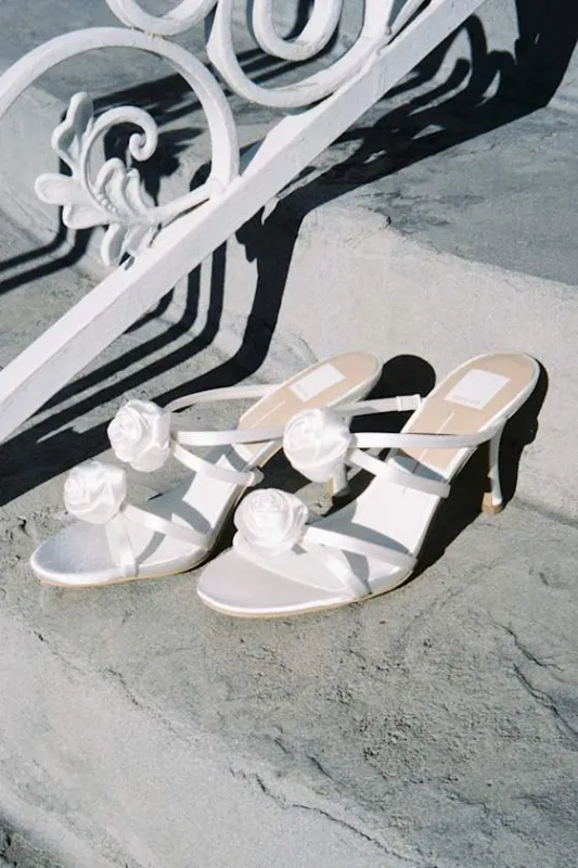 Linzy True White Satin Rosette High Heel Slide Sandals sold by Lulus