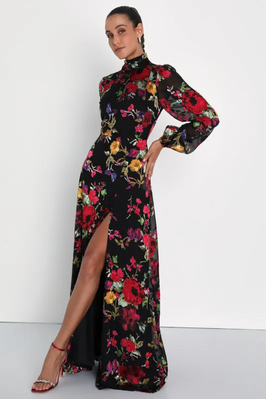 Graceful Arrival Black Floral Burnout Backless Maxi Dress sold by Lulus