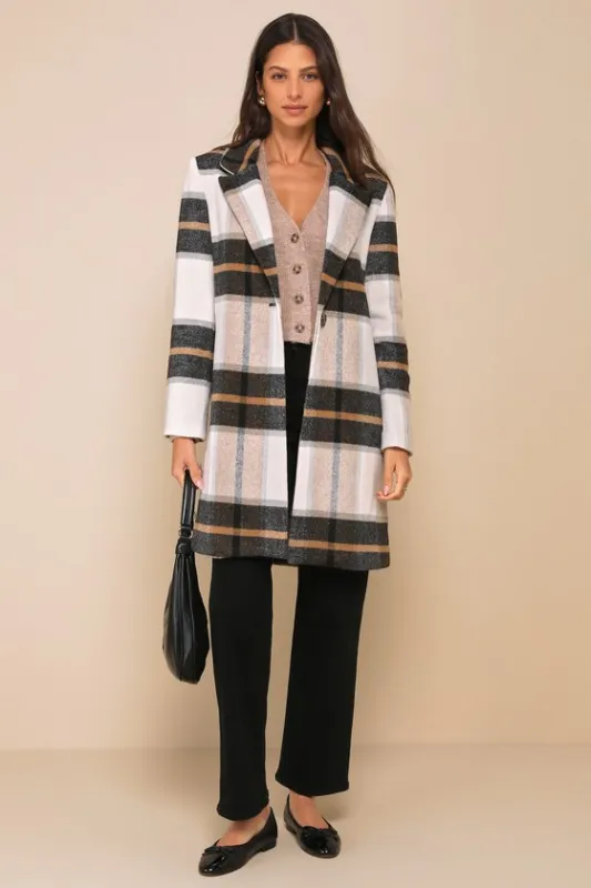 Cher Ivory Plaid Brushed Coat sold by Lulus