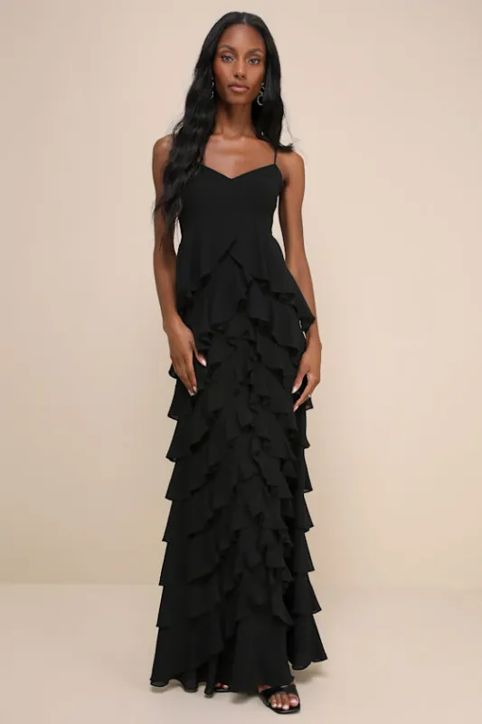 Regal Moment Black Sleeveless Ruffled Tiered Maxi Dress sold by Lulus