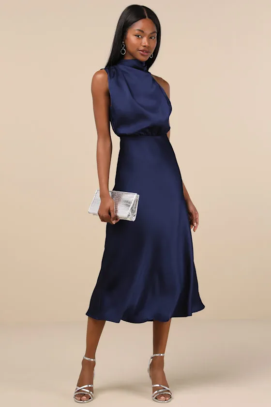 Distinctive Charm Navy Satin Asymmetrical Midi Dress sold by Lulus