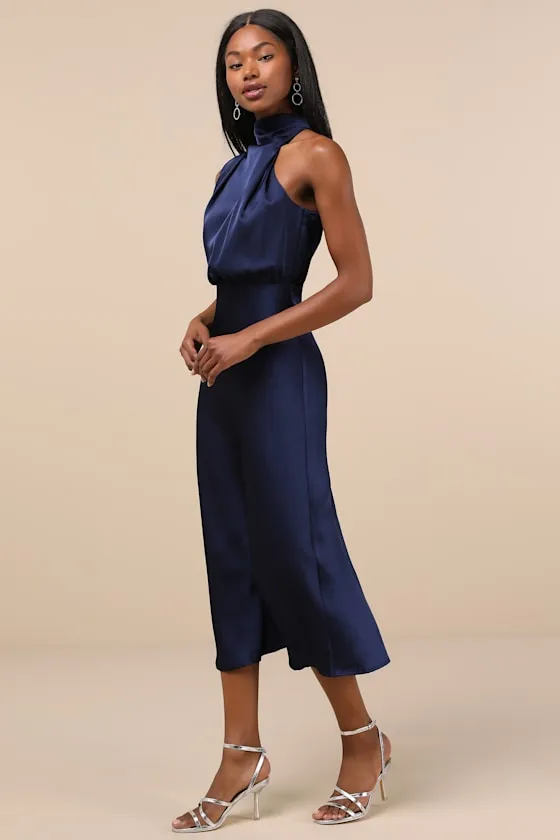 Distinctive Charm Navy Satin Asymmetrical Midi Dress sold by Lulus product image thumbnail 2