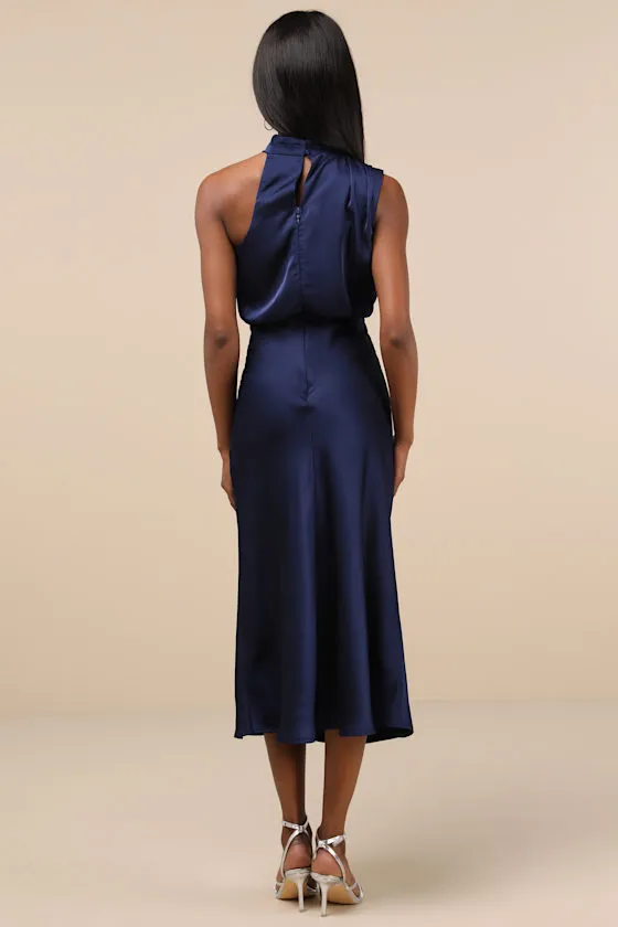 Distinctive Charm Navy Satin Asymmetrical Midi Dress sold by Lulus product image thumbnail 3