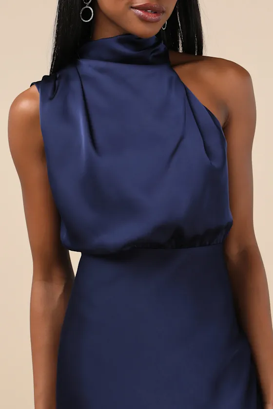 Distinctive Charm Navy Satin Asymmetrical Midi Dress sold by Lulus product image thumbnail 4