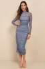 Impressive Flirt Slate Blue Mesh Ruched Mock Neck Midi Dress sold by Lulus