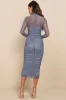 Impressive Flirt Slate Blue Mesh Ruched Mock Neck Midi Dress sold by Lulus
