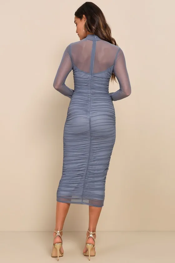 Impressive Flirt Slate Blue Mesh Ruched Mock Neck Midi Dress sold by Lulus product image thumbnail 3