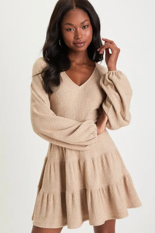 Adorable Option Heather Beige Long Sleeve Mini Sweater Dress sold by Lulus