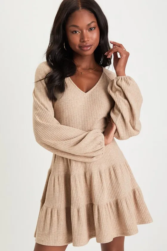 Adorable Option Heather Beige Long Sleeve Mini Sweater Dress sold by Lulus