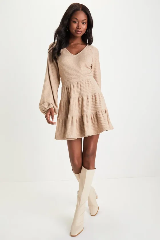 Adorable Option Heather Beige Long Sleeve Mini Sweater Dress sold by Lulus product image thumbnail 3