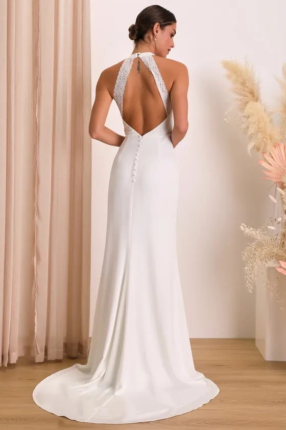 Radiant Adoration White Satin Lace Backless Halter Maxi Dress sold by Lulus product image thumbnail 2