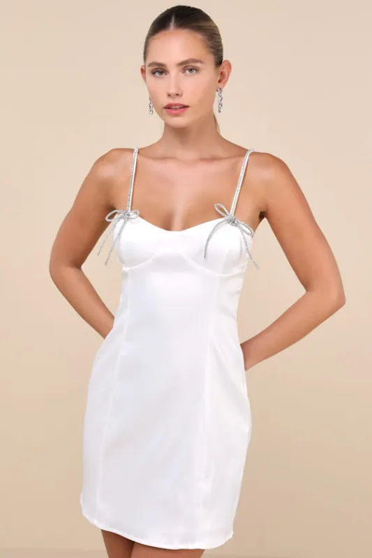 Bling Beauty White Satin Rhinestone Bustier Mini Dress sold by Lulus