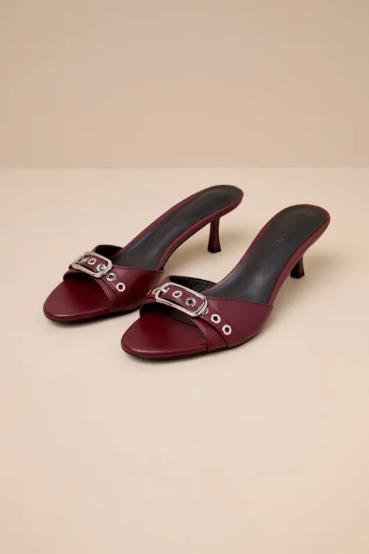 Garlyn Cherry Red Buckle High Heel Slide Sandals sold by Lulus