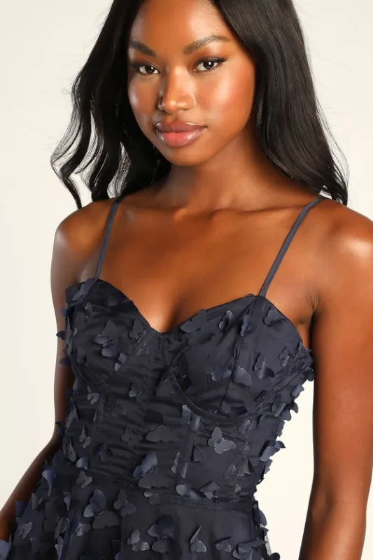 Time to Fly Navy Blue Butterfly Lace-Up Midi Dress sold by Lulus
