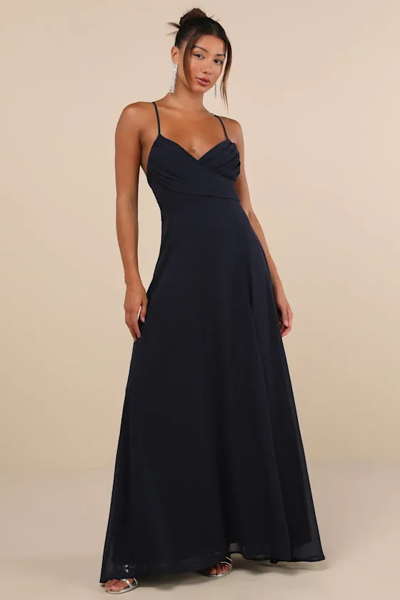 Event Ready Navy Blue Backless Lace-Up Maxi Dress sold by Lulus
