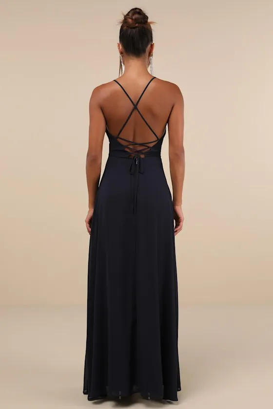 Event Ready Navy Blue Backless Lace-Up Maxi Dress sold by Lulus product image thumbnail 3