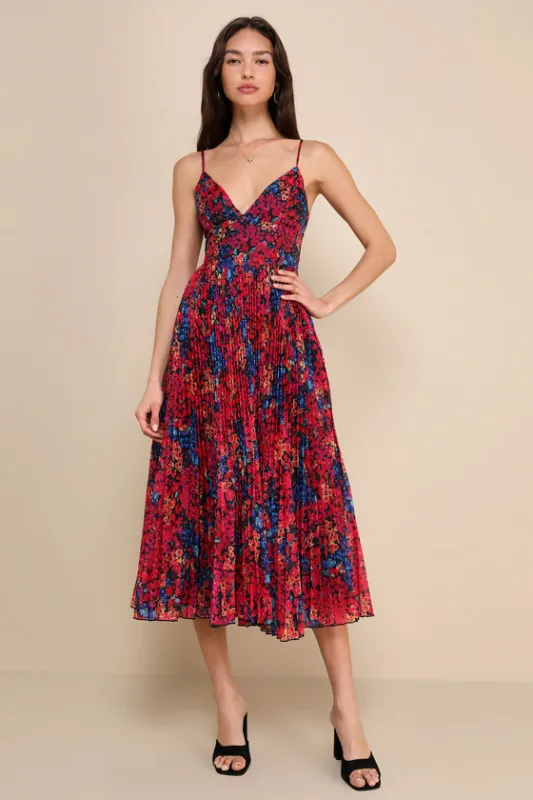 Sincerely Gorgeous Black Multi Floral Pleated Midi Dress sold by Lulus